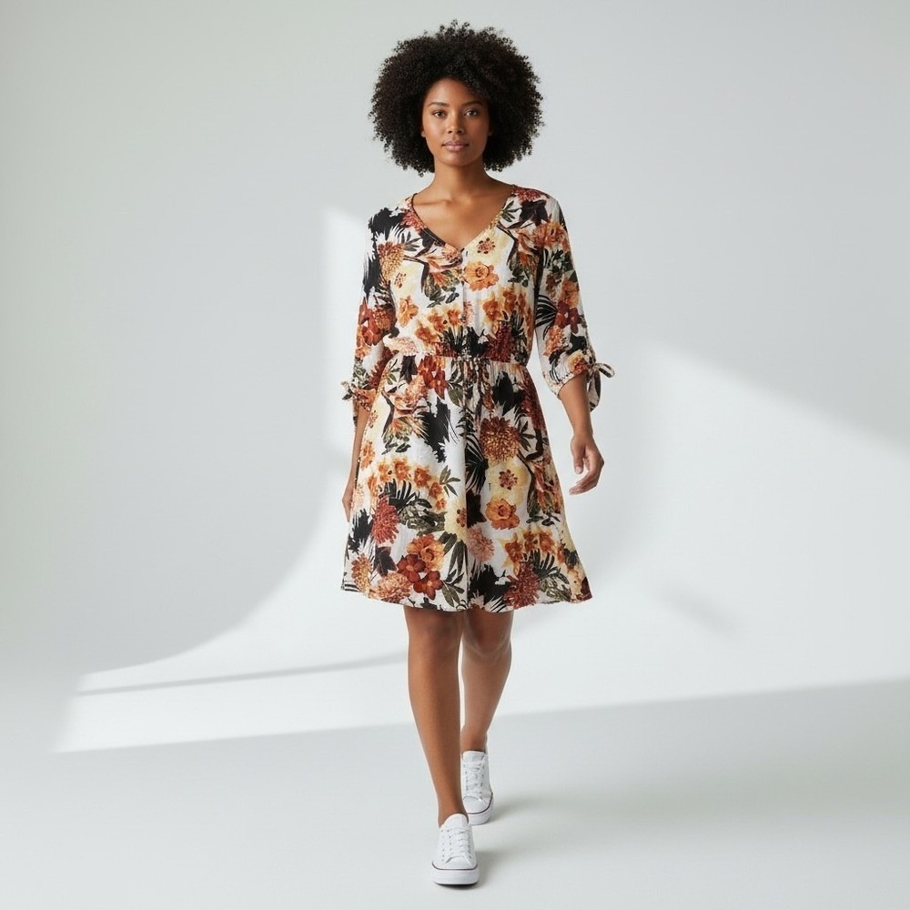 Flower Yellow Orange‎ Dress Multi Color XL Retro Tropical Beachy Floral Print